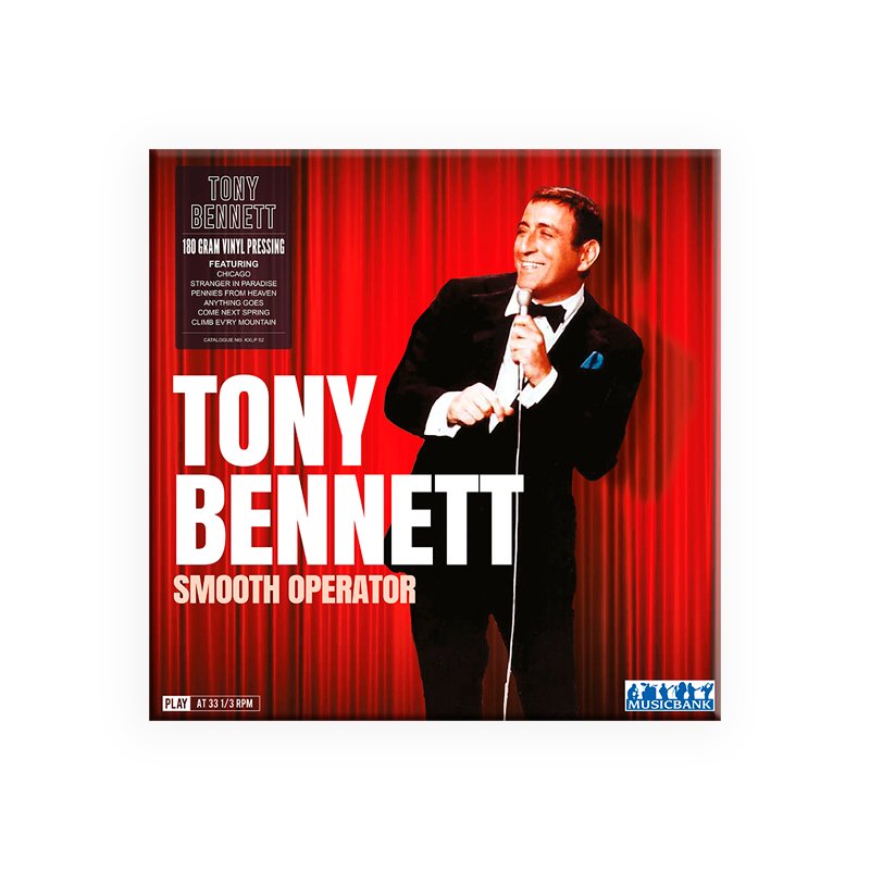 Tony Bennett Smooth Operator 180g vinyl record cover with red curtain background and classic tuxedo performance pose.