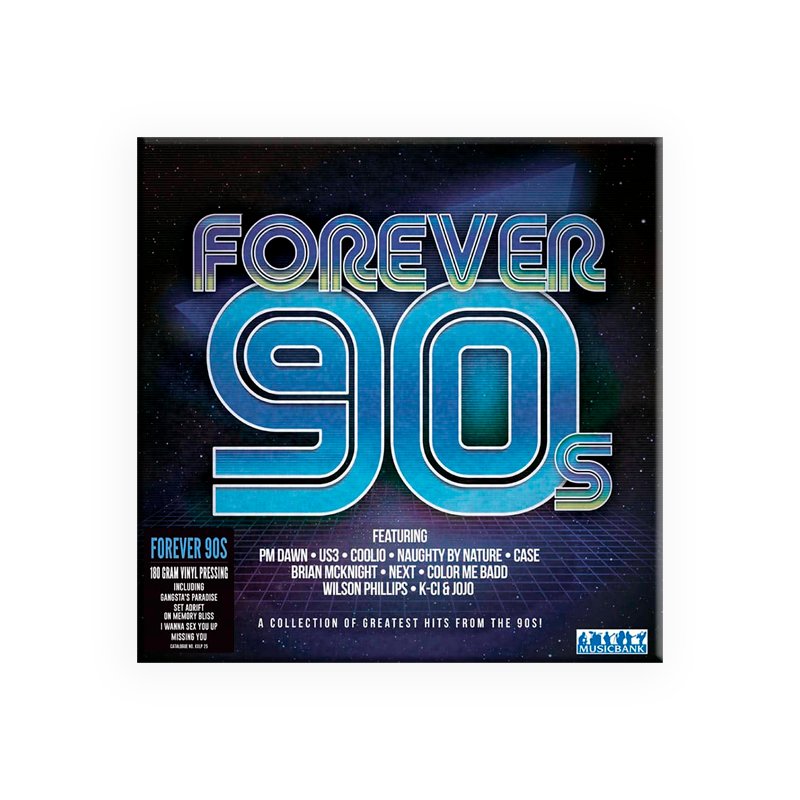 Forever 90s vinyl record album featuring classic 1990s hits, neon retro design with artists like Coolio and PM Dawn.